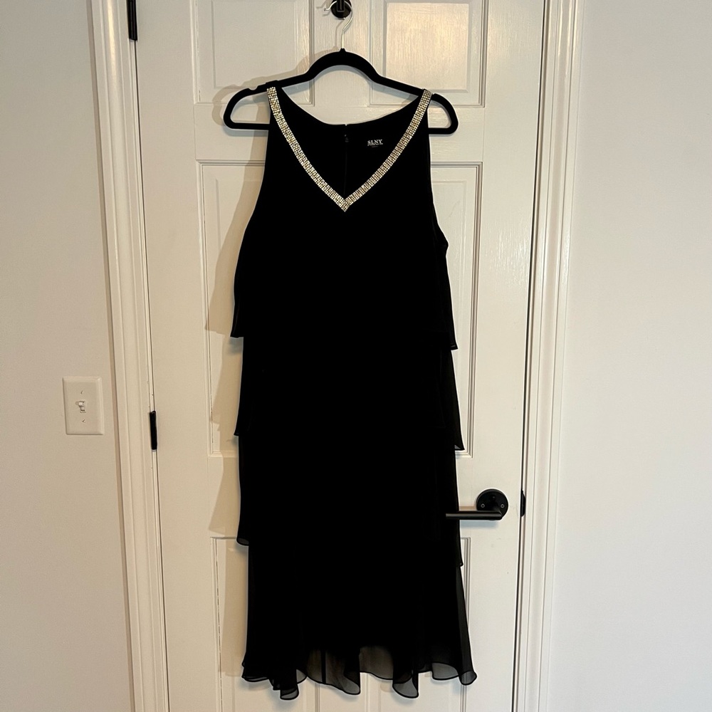 SLNY | Black Tiered Cocktail Dress With Rhinestone Detail, Size 20W - EUC